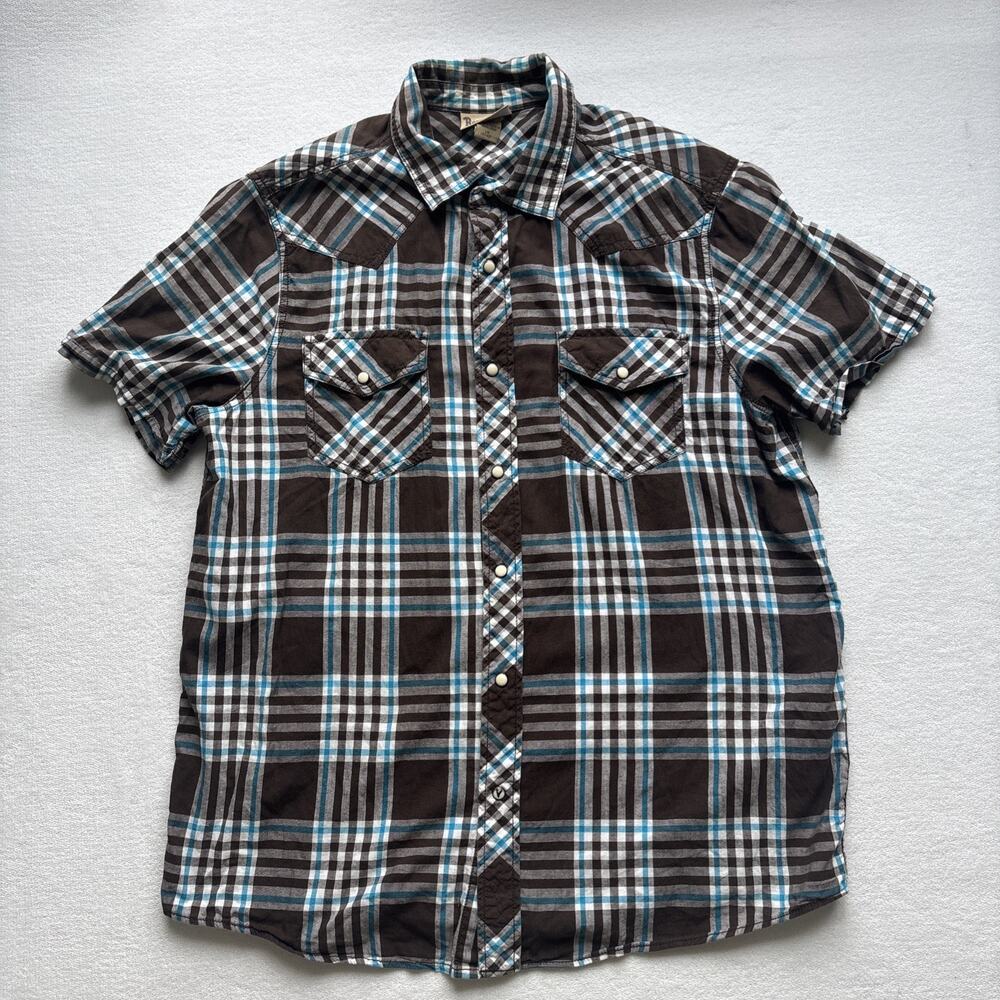 Roebuck & Co‎ Western Shirt Mens Large Brown Blue Plaid Snap Front Short Sleeve